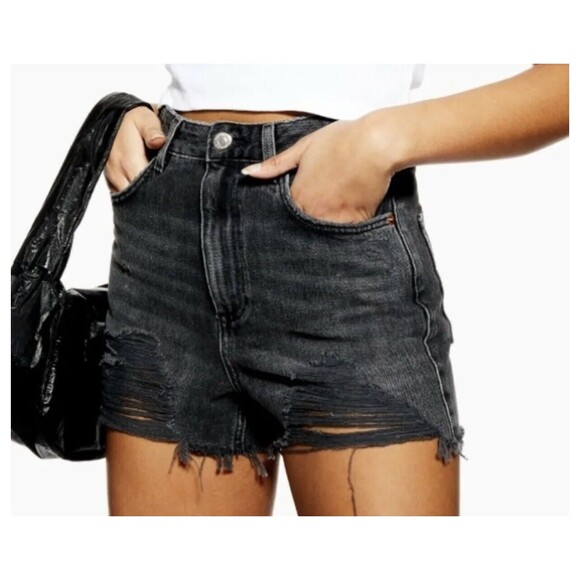 Topshop faded Black High Waisted Cut Off Denim jean Shorts Size 12 womens summer - Picture 1 of 10